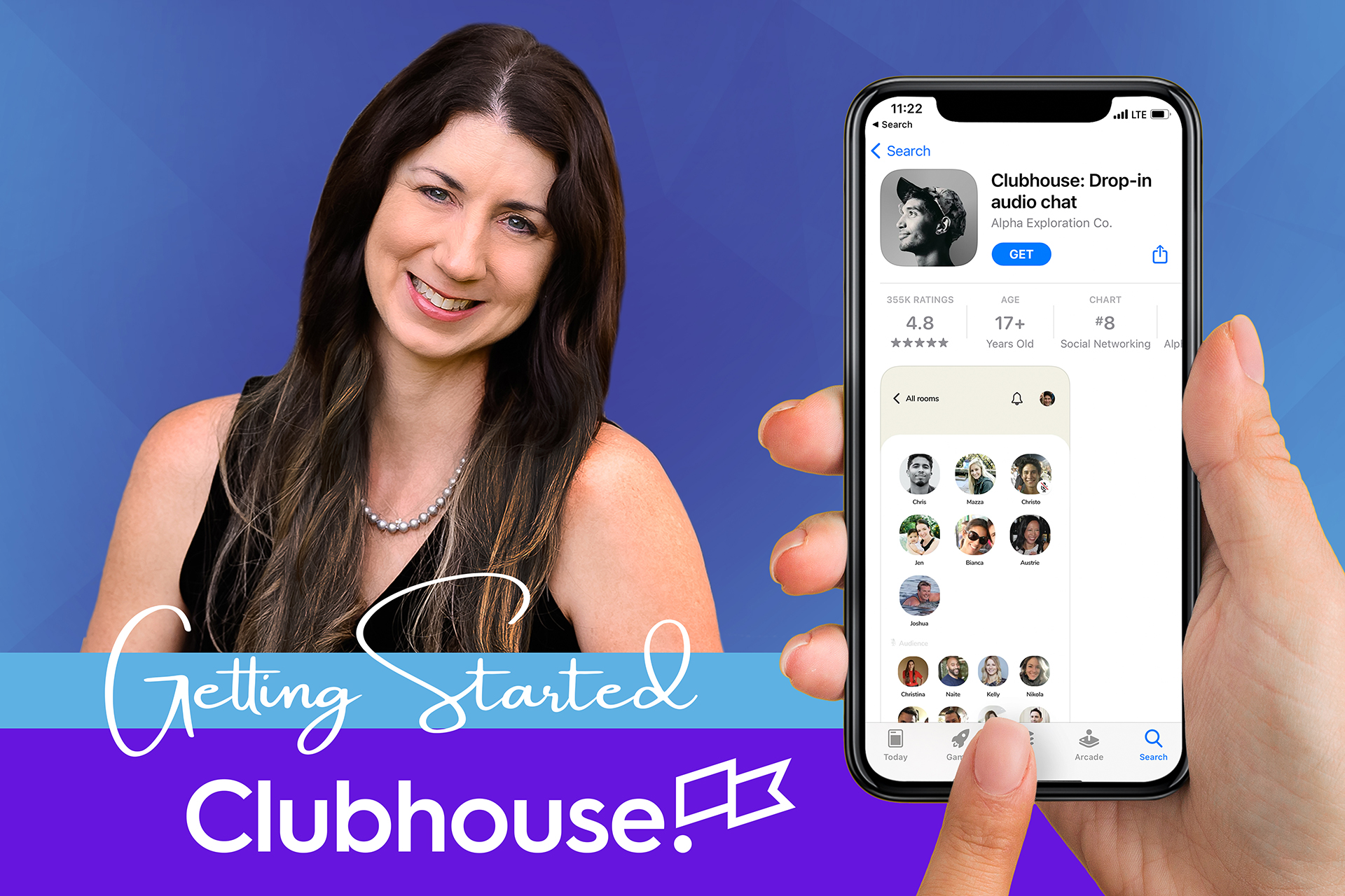 Kim Ford and Clubhouse on a cell phone